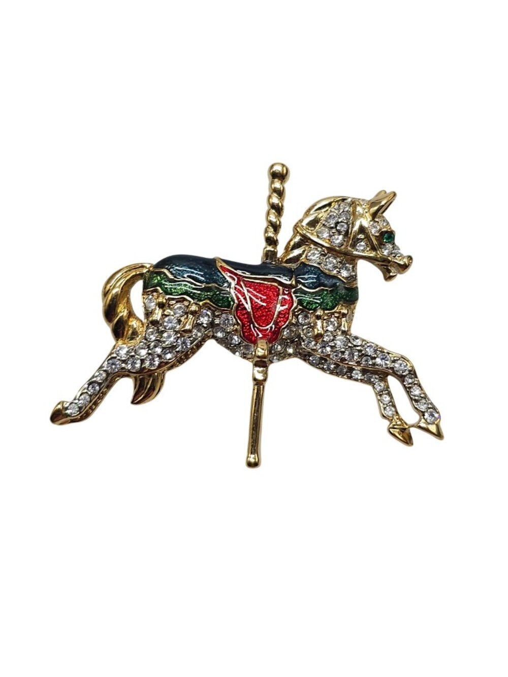 Vintage Gold Tone Carousel Horse Brooch Rhinestones Enamel Detailing 1.5 Inches